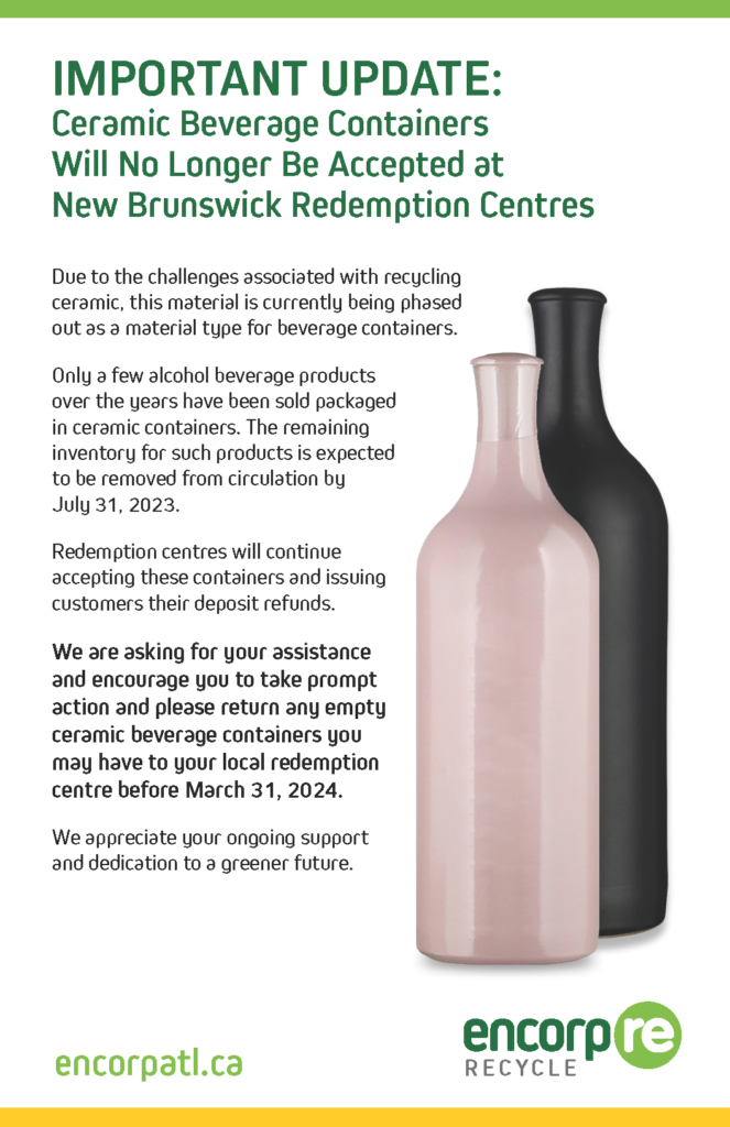 Notice to Redemption Centres – Update on Ceramic Beverage Containers